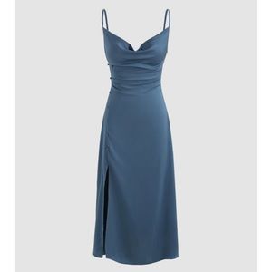 Solid Cowl Neck Slit Midi Dress